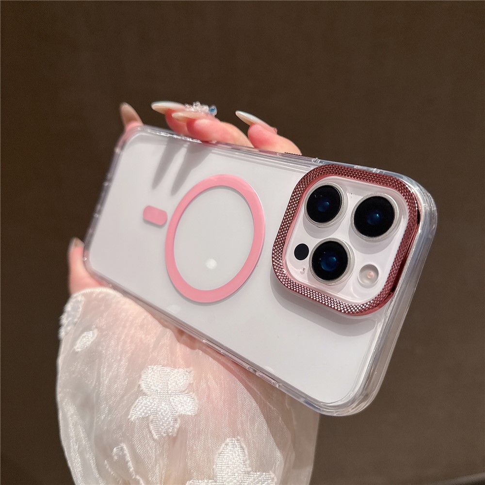 For iPhone 16 Pro Max Case Compatible with MagSafe PC + TPU Clear Phone Cover with Diamond Texture Lens Frame - Pink