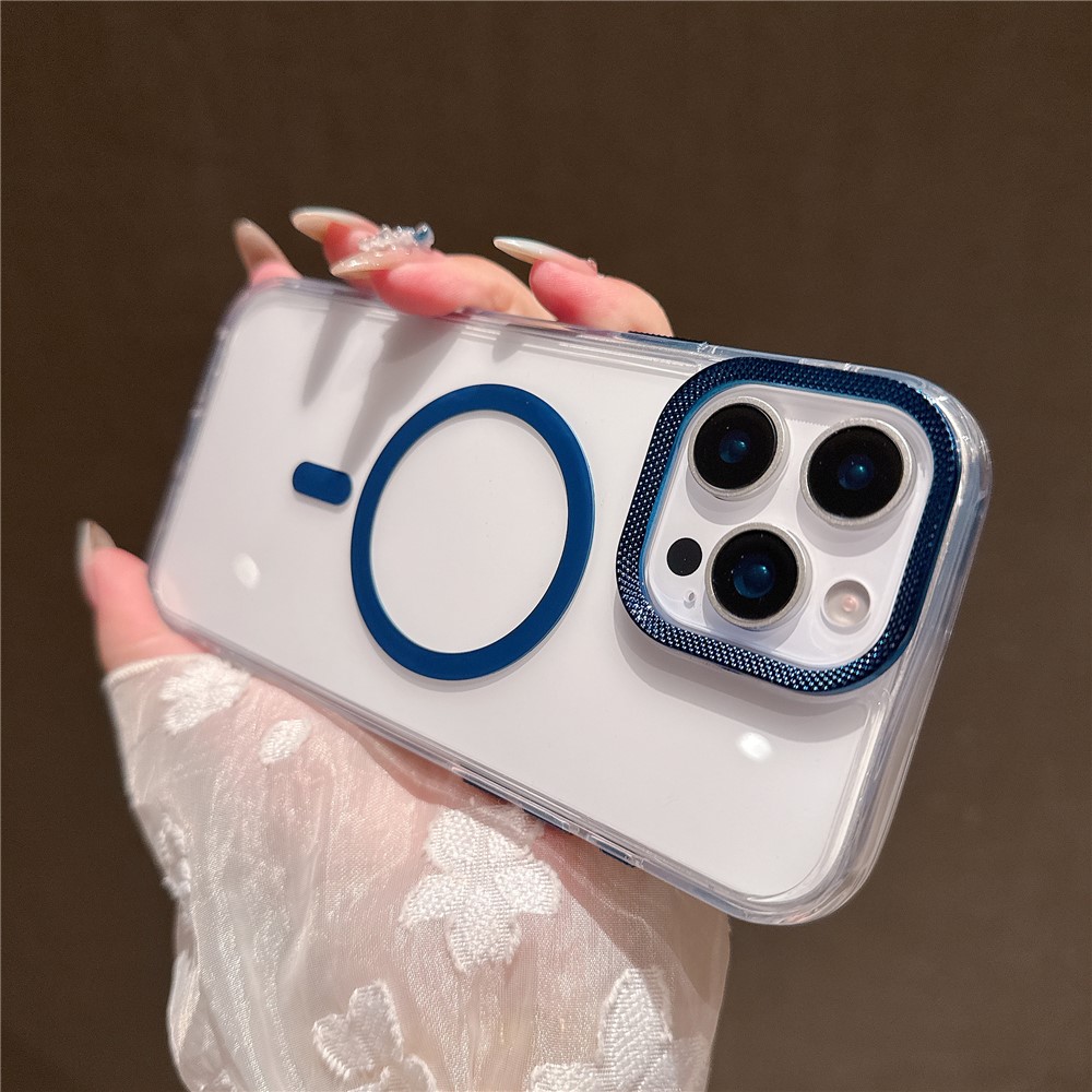 For iPhone 16 Pro Max Case Compatible with MagSafe PC + TPU Clear Phone Cover with Diamond Texture Lens Frame - Blue