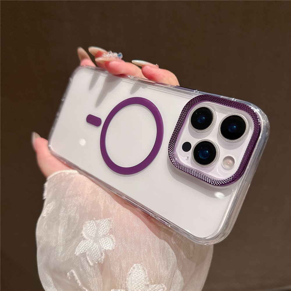 For iPhone 16 Pro Max Case Compatible with MagSafe PC + TPU Clear Phone Cover with Diamond Texture Lens Frame - Purple