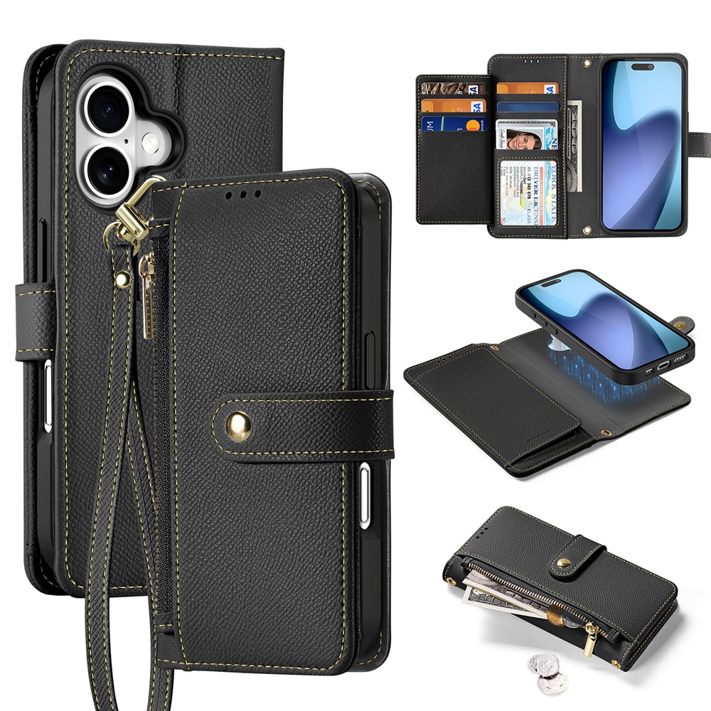 For iPhone 17 Case DUX DUCIS Lawa Series Detachable Magnetic Cowhide Leather Cover Zipper Wallet - Black