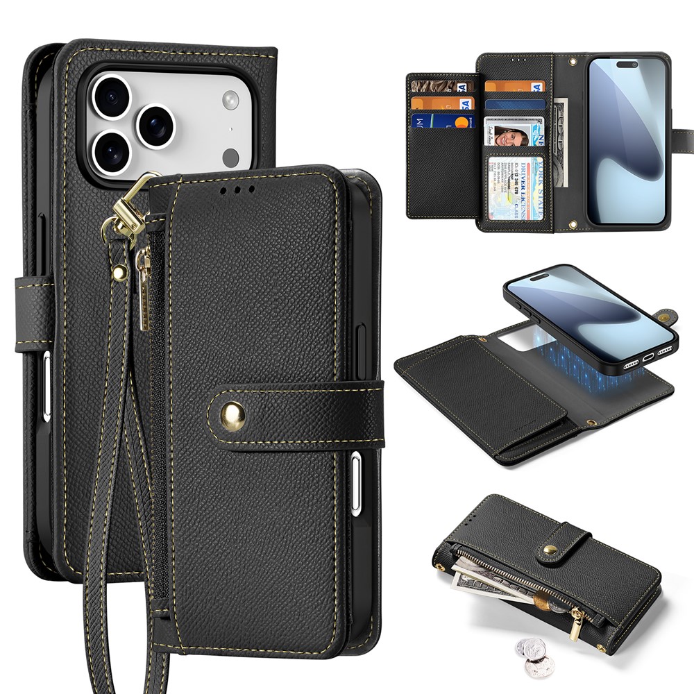 For iPhone 17 Pro Case DUX DUCIS Lawa Series Detachable Magnetic Cowhide Leather Cover Zipper Wallet - Black