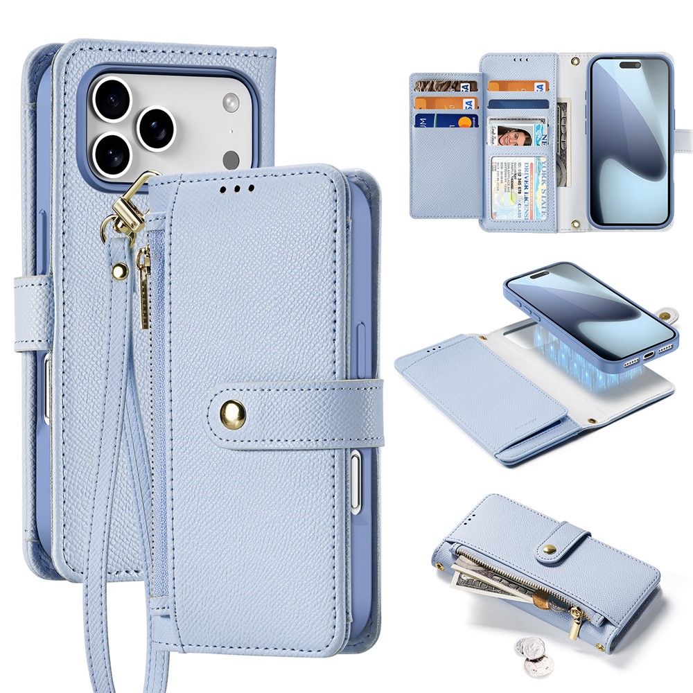 For iPhone 17 Pro Case DUX DUCIS Lawa Series Detachable Magnetic Cowhide Leather Cover Zipper Wallet - Light Blue