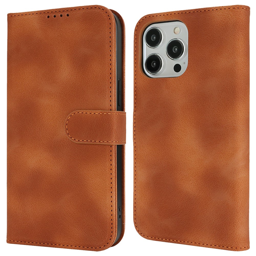 For iPhone 13 Pro Wallet Case Double Folded Edge Skin Touch PU Leather Flip Phone Cover - Light Brown
