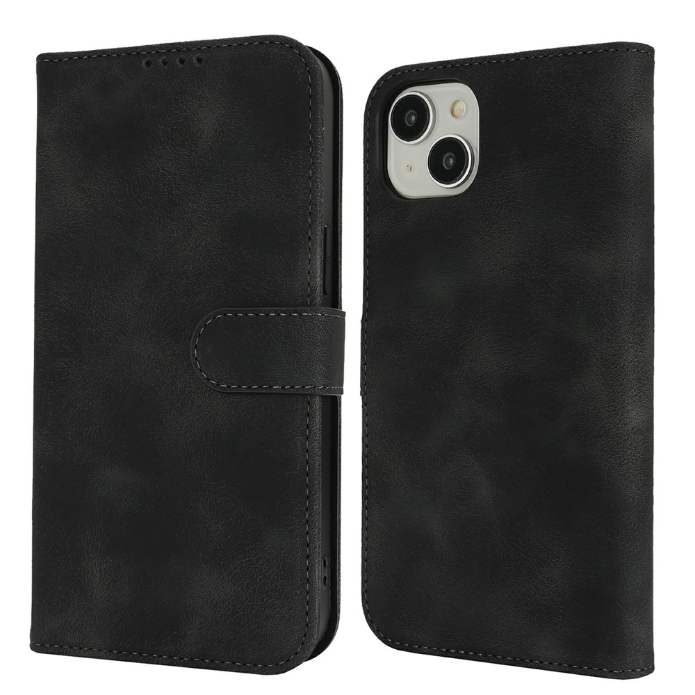 For iPhone 14 / 13 Wallet Case Double Folded Edge Skin Touch PU Leather Flip Phone Cover - Black