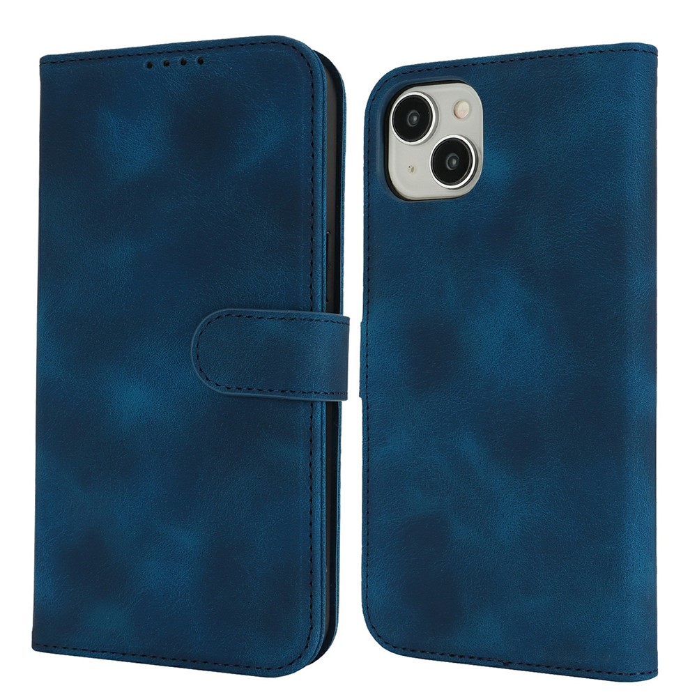 For iPhone 14 / 13 Wallet Case Double Folded Edge Skin Touch PU Leather Flip Phone Cover - Blue