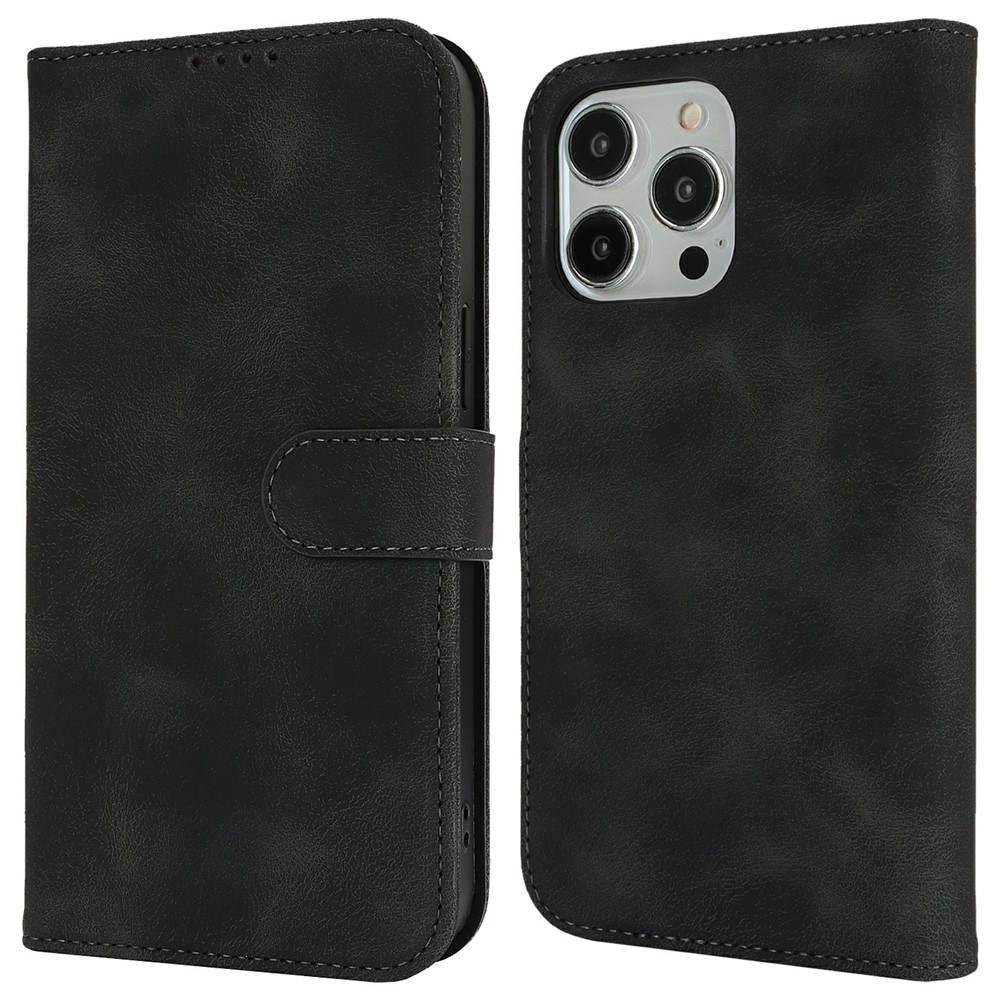 For iPhone 14 Pro Wallet Case Double Folded Edge Skin Touch PU Leather Flip Phone Cover - Black