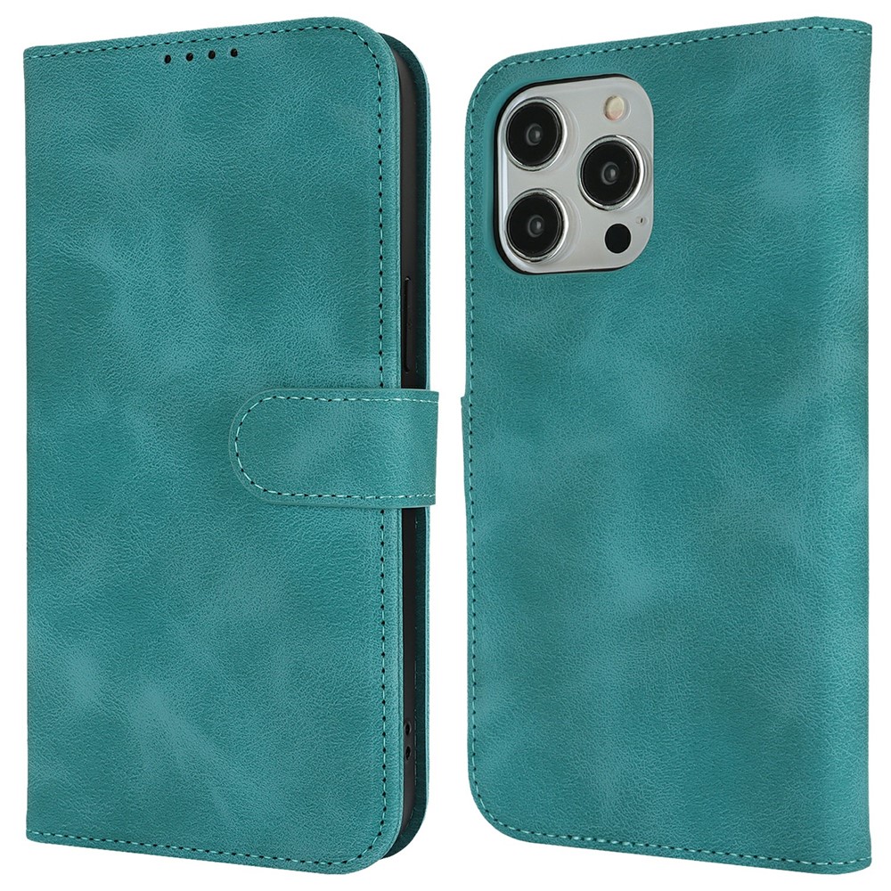 For iPhone 14 Pro Wallet Case Double Folded Edge Skin Touch PU Leather Flip Phone Cover - Mint Green