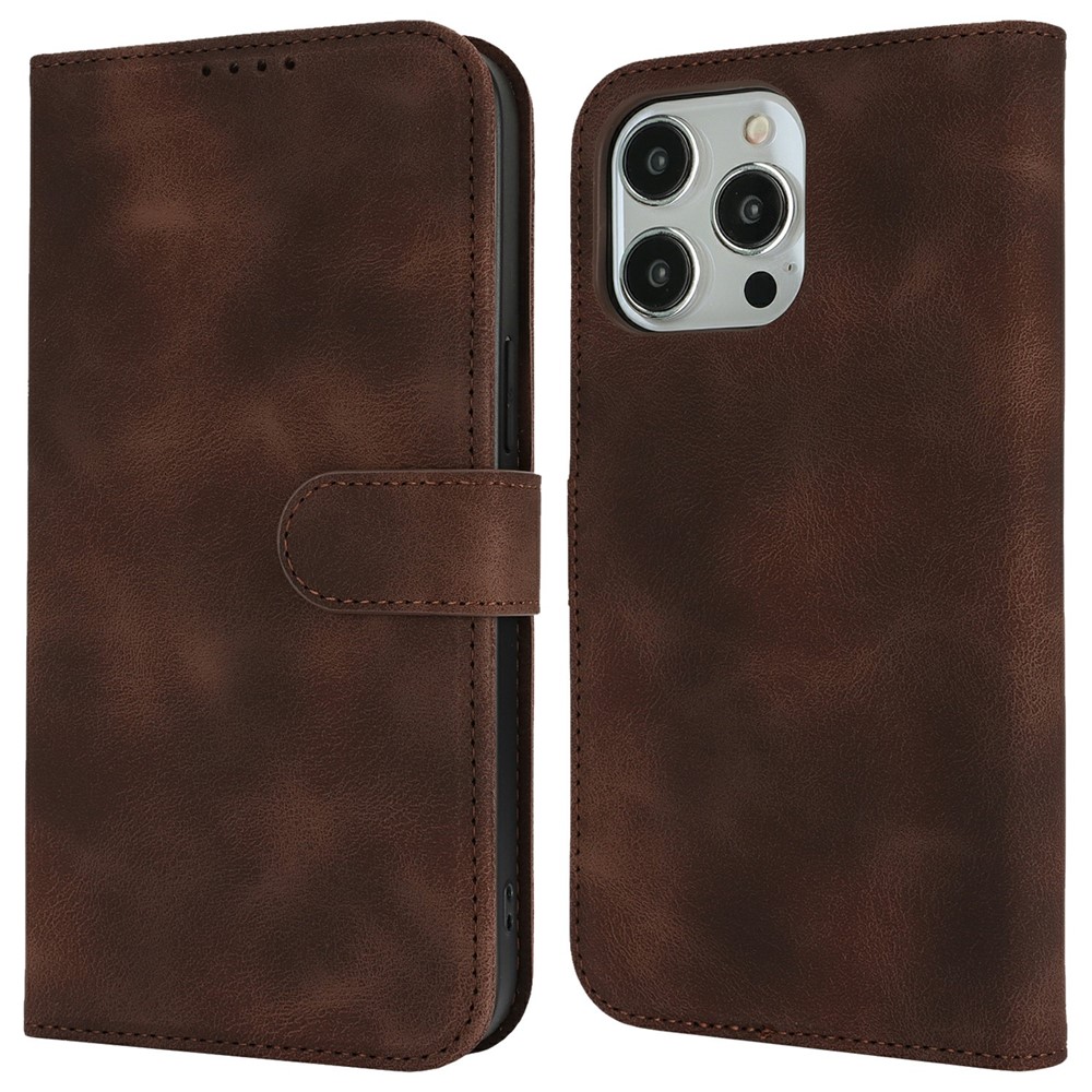 For iPhone 14 Pro Max Wallet Case Double Folded Edge Skin Touch PU Leather Flip Phone Cover - Dark Brown