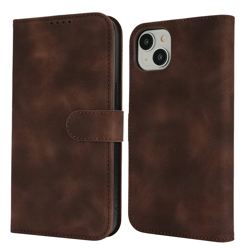For iPhone 15 Plus / 14 Plus Wallet Case Double Folded Edge Skin Touch PU Leather Flip Phone Cover - Dark Brown