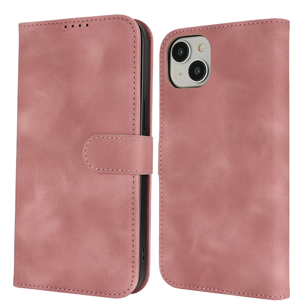 For iPhone 15 Plus / 14 Plus Wallet Case Double Folded Edge Skin Touch PU Leather Flip Phone Cover - Rose Pink
