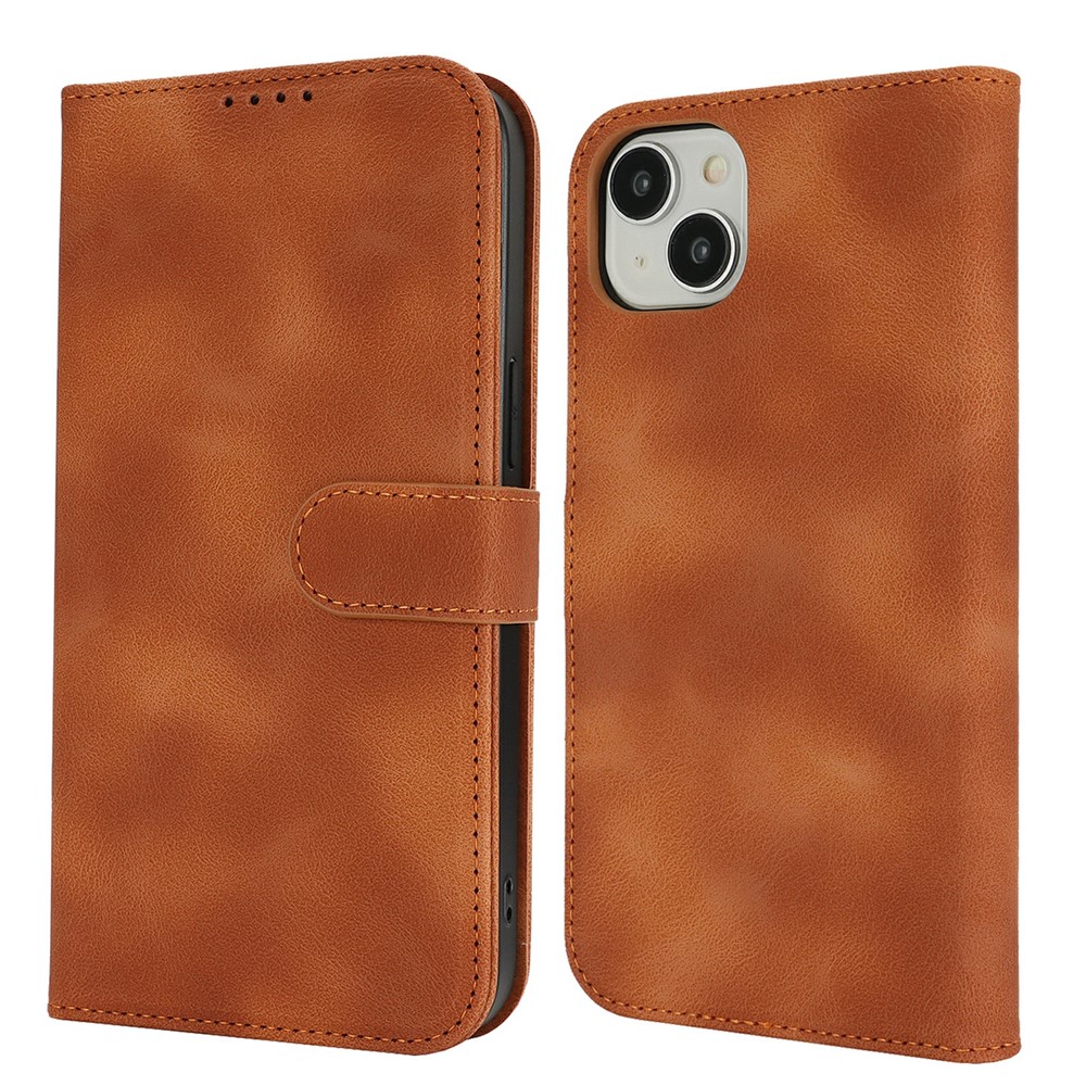 For iPhone 15 Wallet Case Double Folded Edge Skin Touch PU Leather Flip Phone Cover - Light Brown