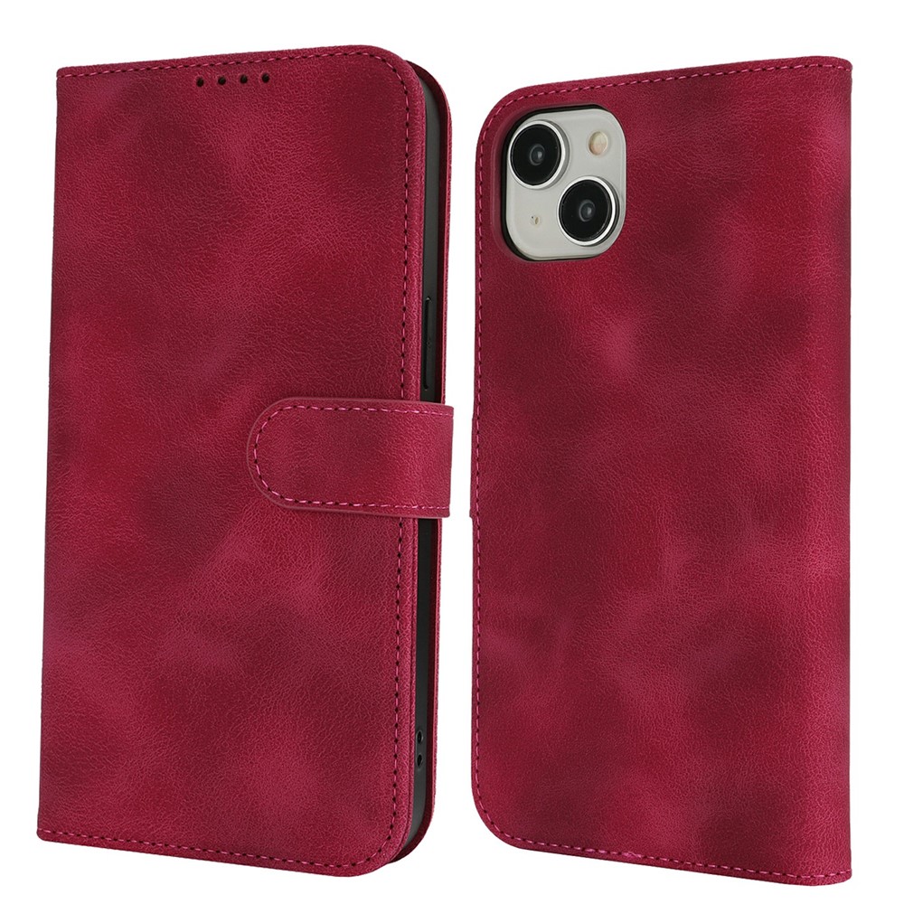 For iPhone 15 Wallet Case Double Folded Edge Skin Touch PU Leather Flip Phone Cover - Wine Red
