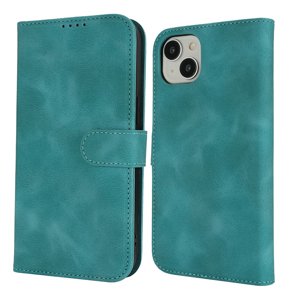 For iPhone 15 Wallet Case Double Folded Edge Skin Touch PU Leather Flip Phone Cover - Mint Green