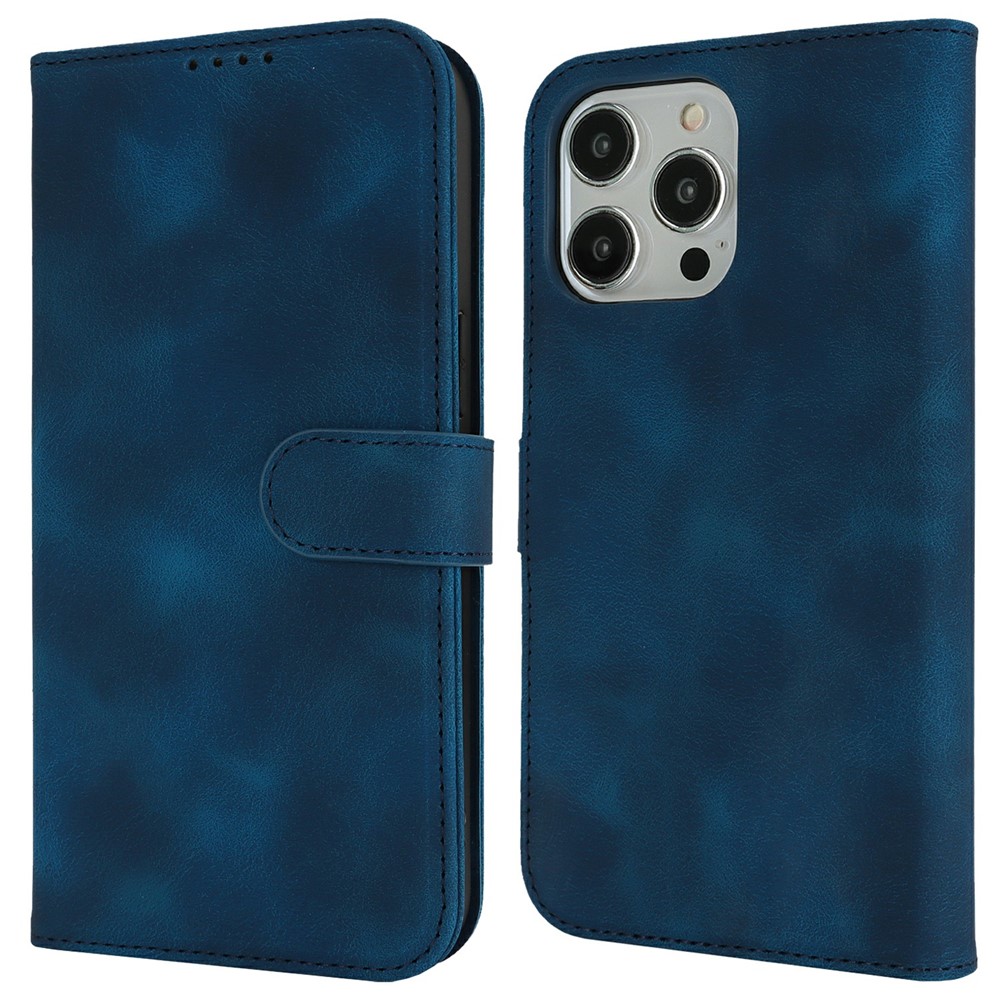 For iPhone 15 Pro Wallet Case Double Folded Edge Skin Touch PU Leather Flip Phone Cover - Blue