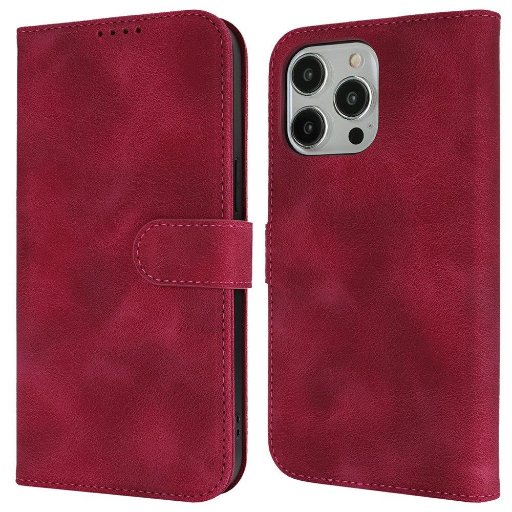 For iPhone 15 Pro Wallet Case Double Folded Edge Skin Touch PU Leather Flip Phone Cover - Wine Red