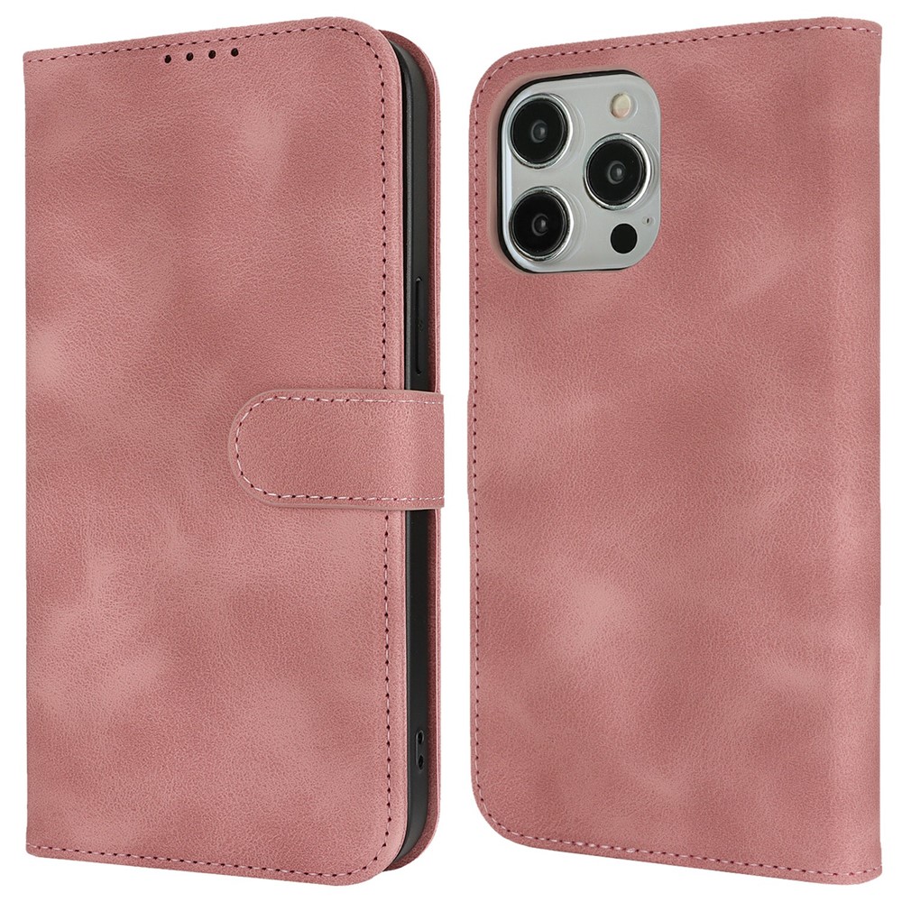 For iPhone 15 Pro Max Wallet Case Double Folded Edge Skin Touch PU Leather Flip Phone Cover - Rose Pink