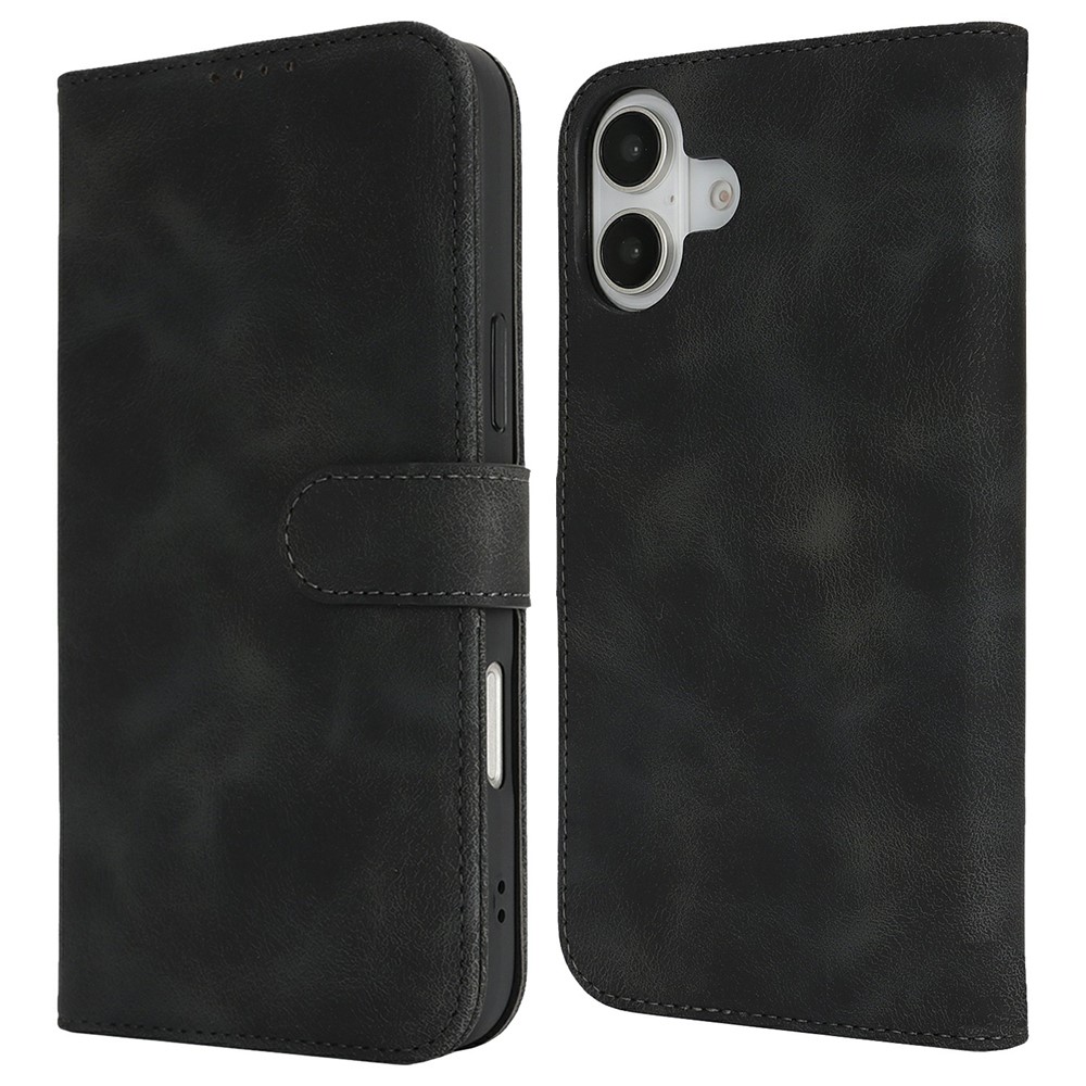 For iPhone 16 Plus Wallet Case Double Folded Edge Skin Touch PU Leather Flip Phone Cover - Black