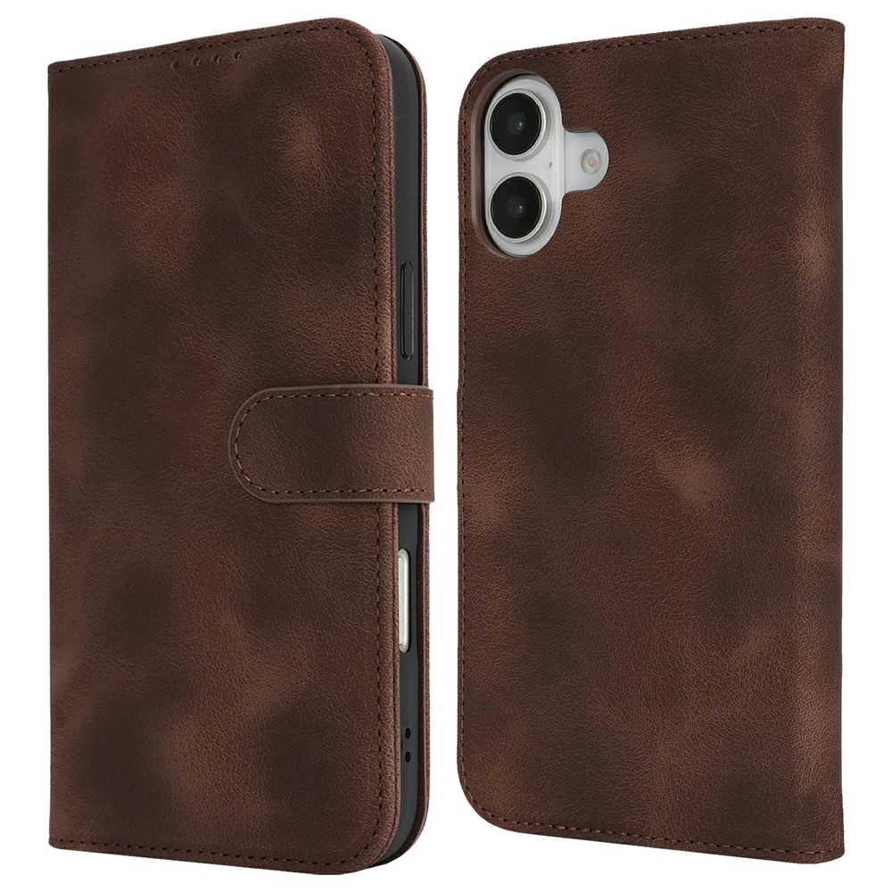 For iPhone 16 Plus Wallet Case Double Folded Edge Skin Touch PU Leather Flip Phone Cover - Dark Brown