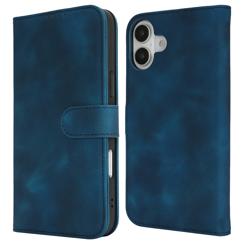 For iPhone 16 Plus Wallet Case Double Folded Edge Skin Touch PU Leather Flip Phone Cover - Blue