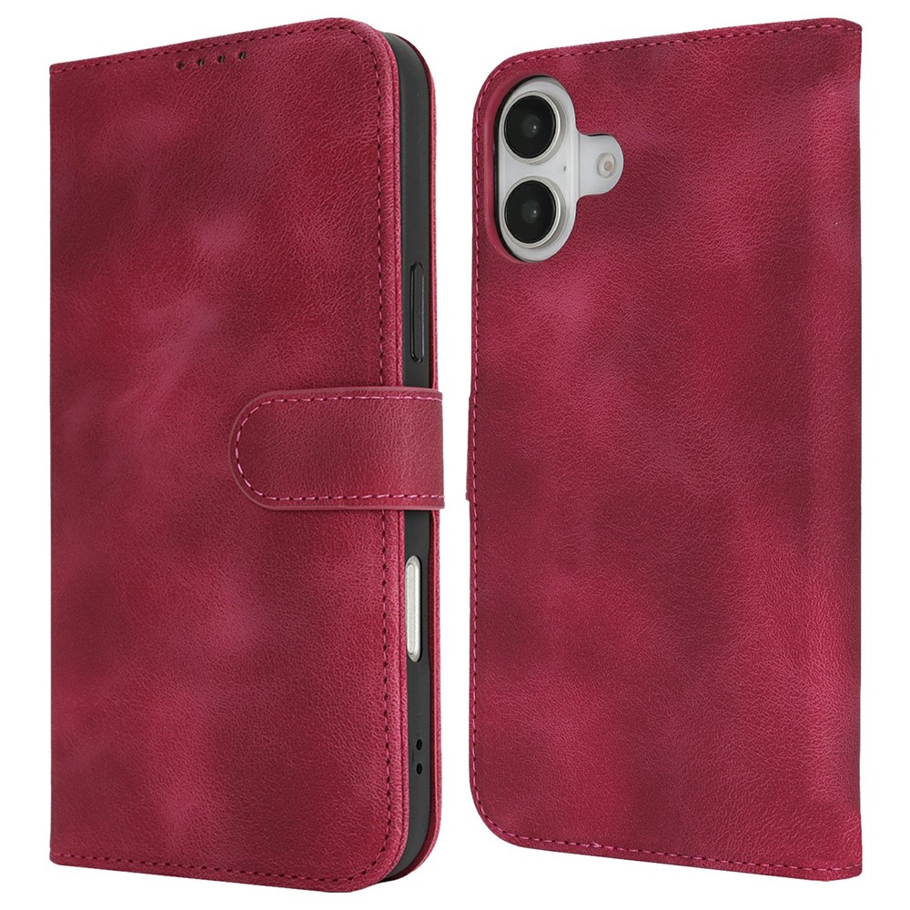 For iPhone 16 Plus Wallet Case Double Folded Edge Skin Touch PU Leather Flip Phone Cover - Wine Red