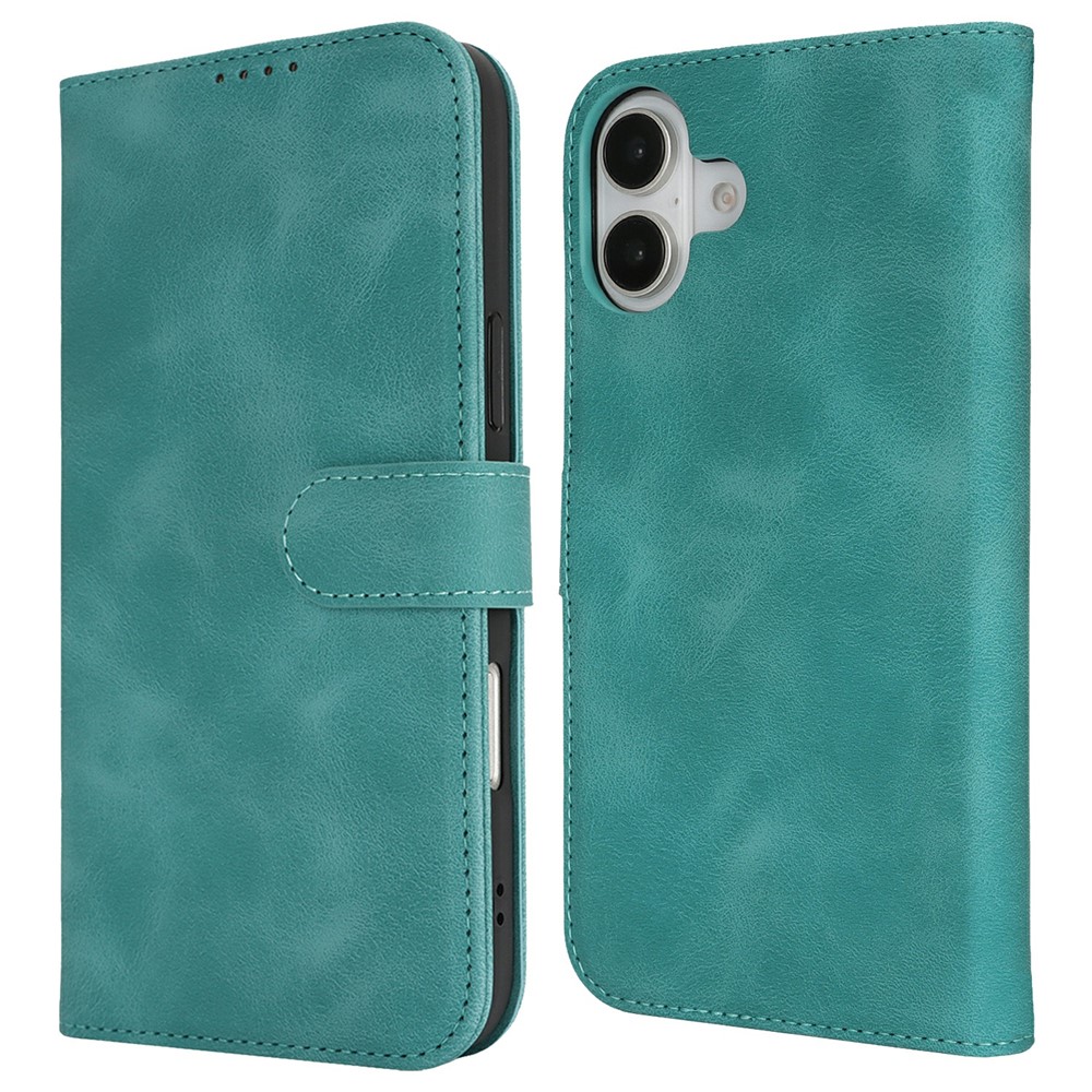 For iPhone 16 Plus Wallet Case Double Folded Edge Skin Touch PU Leather Flip Phone Cover - Mint Green