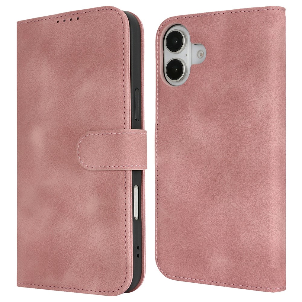 For iPhone 16 Plus Wallet Case Double Folded Edge Skin Touch PU Leather Flip Phone Cover - Rose Pink