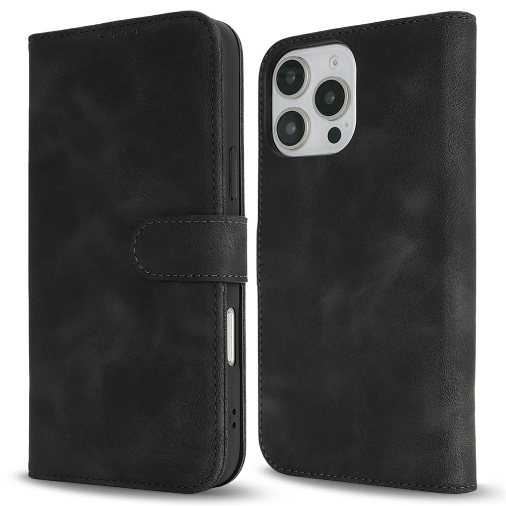 For iPhone 16 Pro Max Wallet Case Double Folded Edge Skin Touch PU Leather Flip Phone Cover - Black