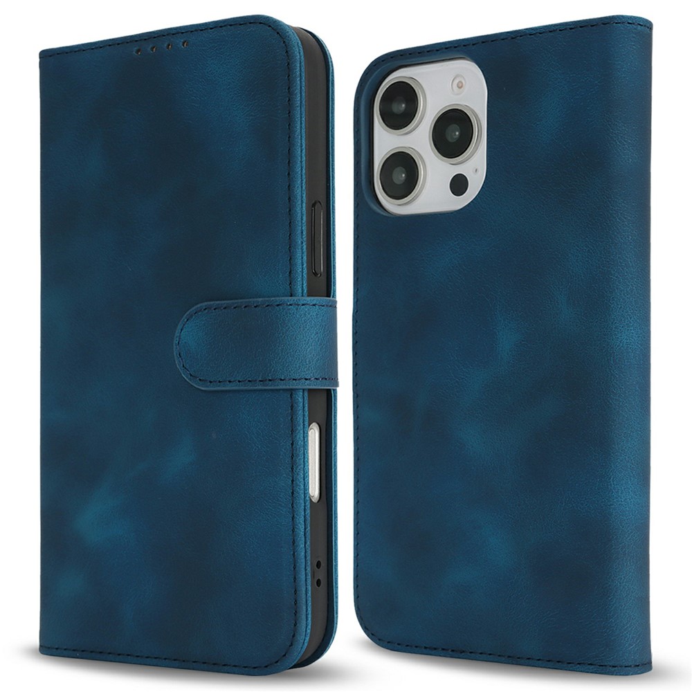 For iPhone 16 Pro Max Wallet Case Double Folded Edge Skin Touch PU Leather Flip Phone Cover - Blue