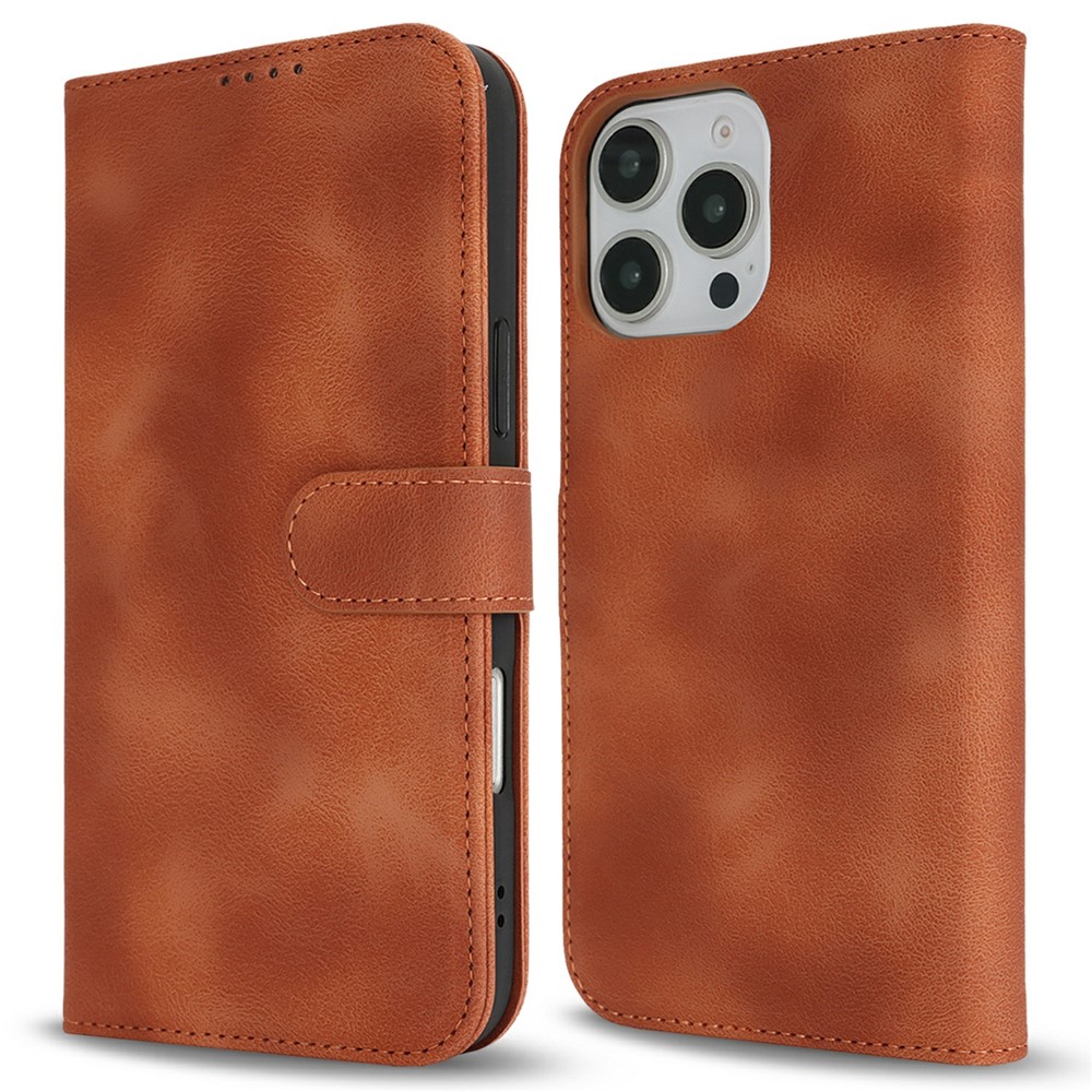 For iPhone 16 Pro Max Wallet Case Double Folded Edge Skin Touch PU Leather Flip Phone Cover - Light Brown
