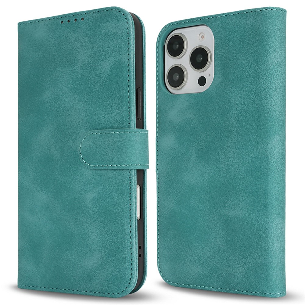 For iPhone 16 Pro Max Wallet Case Double Folded Edge Skin Touch PU Leather Flip Phone Cover - Mint Green