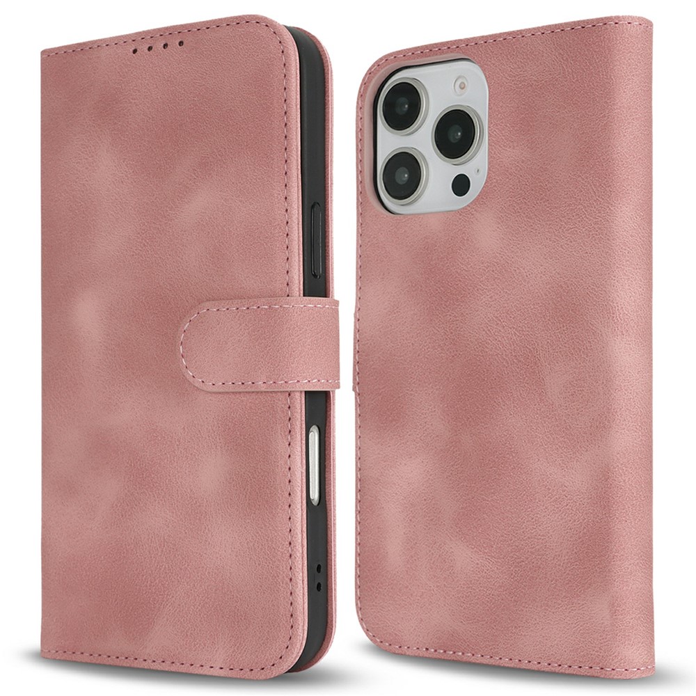 For iPhone 16 Pro Max Wallet Case Double Folded Edge Skin Touch PU Leather Flip Phone Cover - Rose Pink