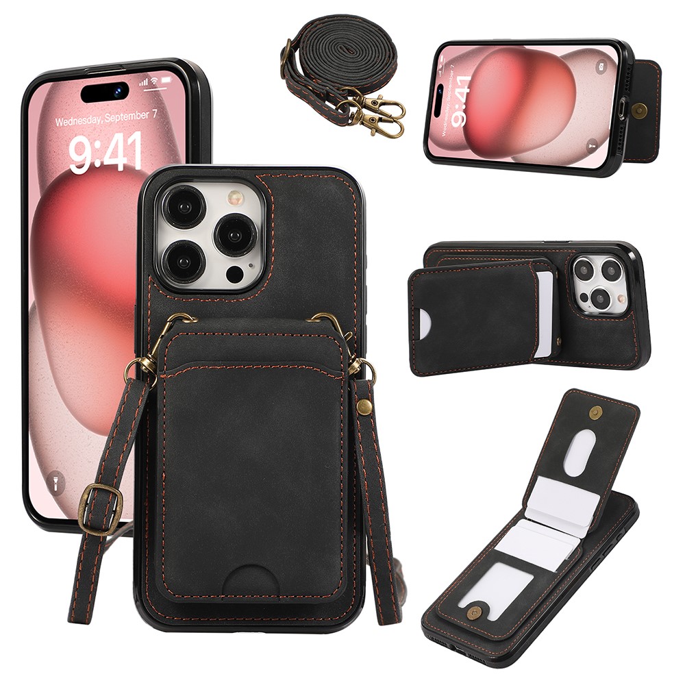 For iPhone 15 Pro Max Case Card Holder Kickstand Leather + TPU Phone Cover with Shoulder Strap - Black