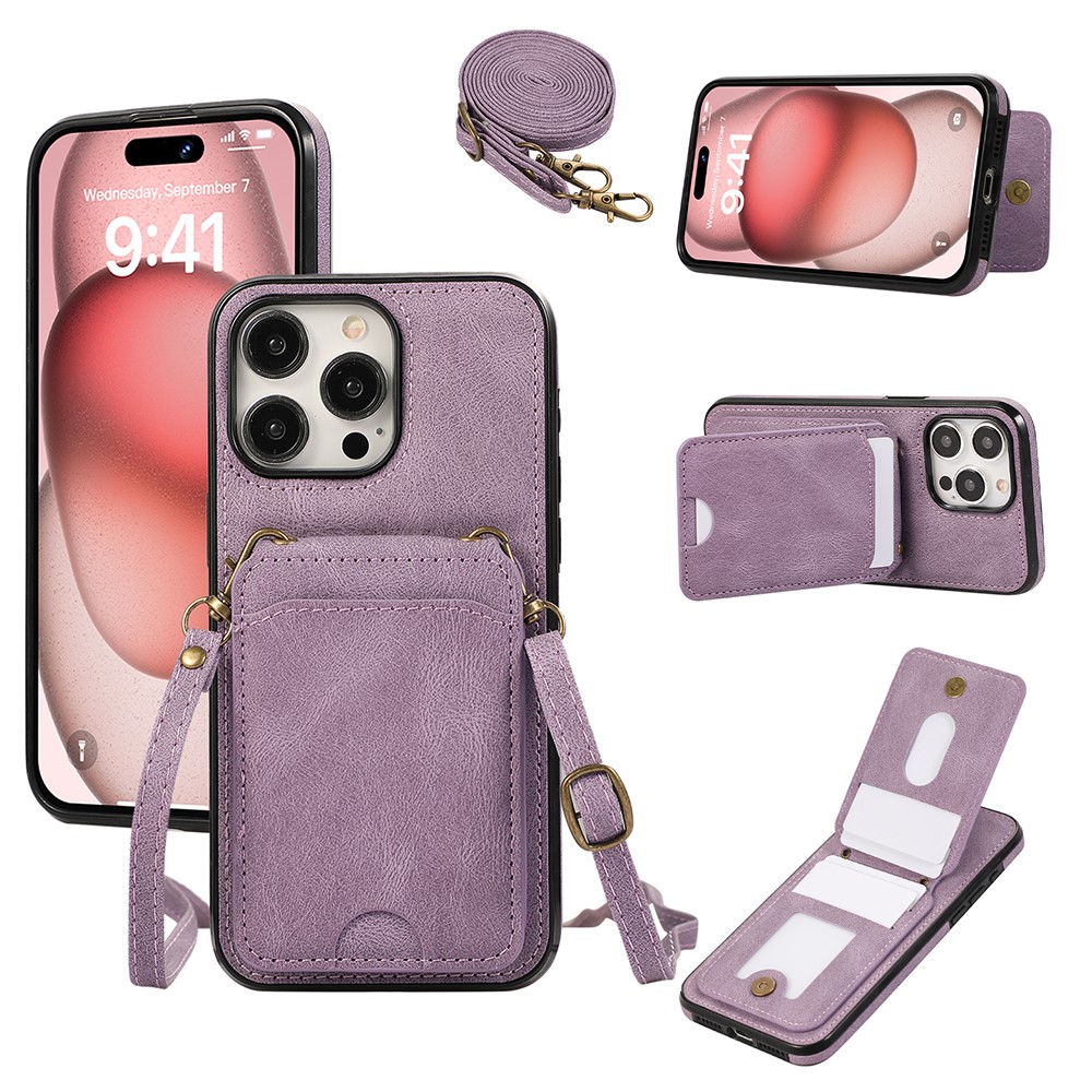 For iPhone 15 Pro Max Case Card Holder Kickstand Leather + TPU Phone Cover with Shoulder Strap - Purple