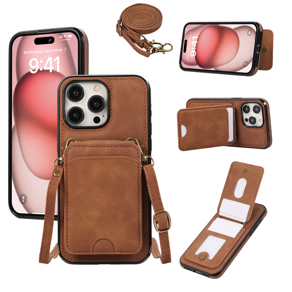 For iPhone 15 Pro Max Case Card Holder Kickstand Leather + TPU Phone Cover with Shoulder Strap - Brown