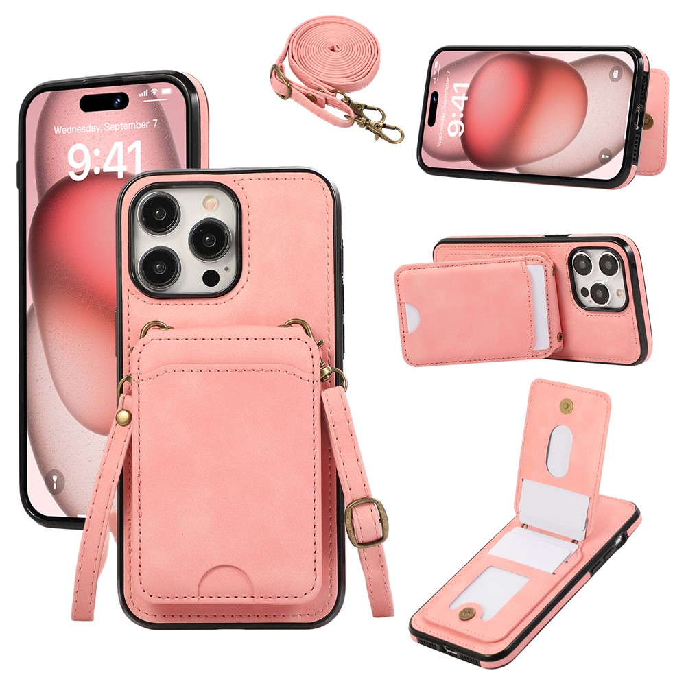 For iPhone 15 Pro Case Card Holder Kickstand Leather + TPU Phone Cover with Shoulder Strap - Pink