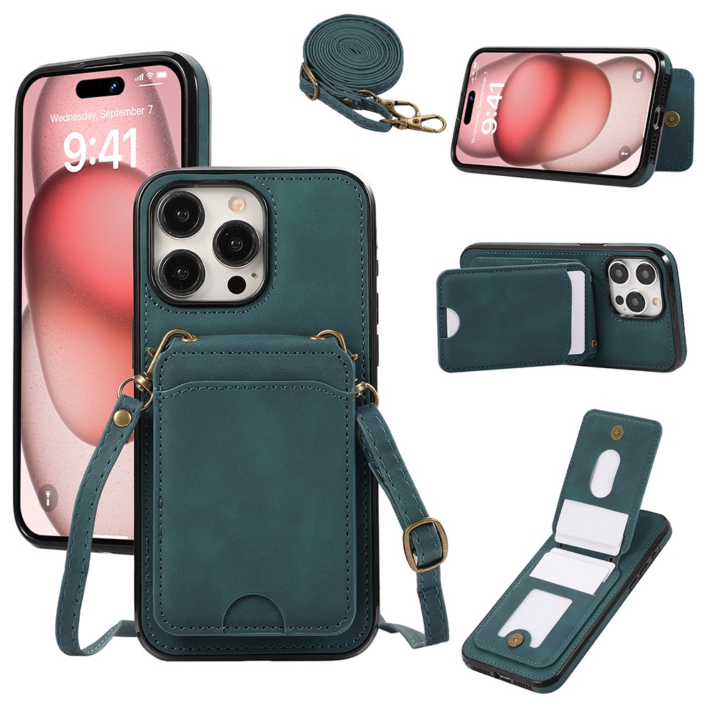 For iPhone 15 Pro Case Card Holder Kickstand Leather + TPU Phone Cover with Shoulder Strap - Green
