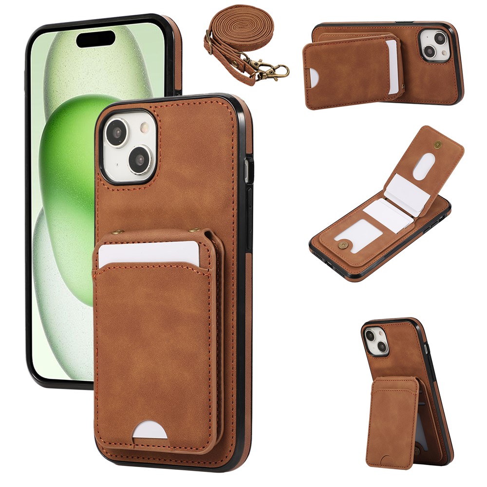 For iPhone 15 Case Card Holder Kickstand Leather + TPU Phone Cover with Shoulder Strap - Brown