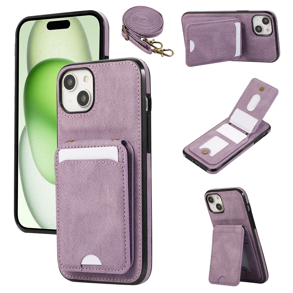 For iPhone 15 Case Card Holder Kickstand Leather + TPU Phone Cover with Shoulder Strap - Purple