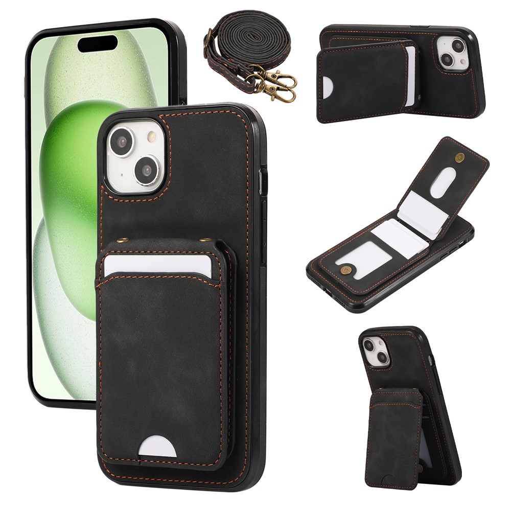 For iPhone 15 Case Card Holder Kickstand Leather + TPU Phone Cover with Shoulder Strap - Black