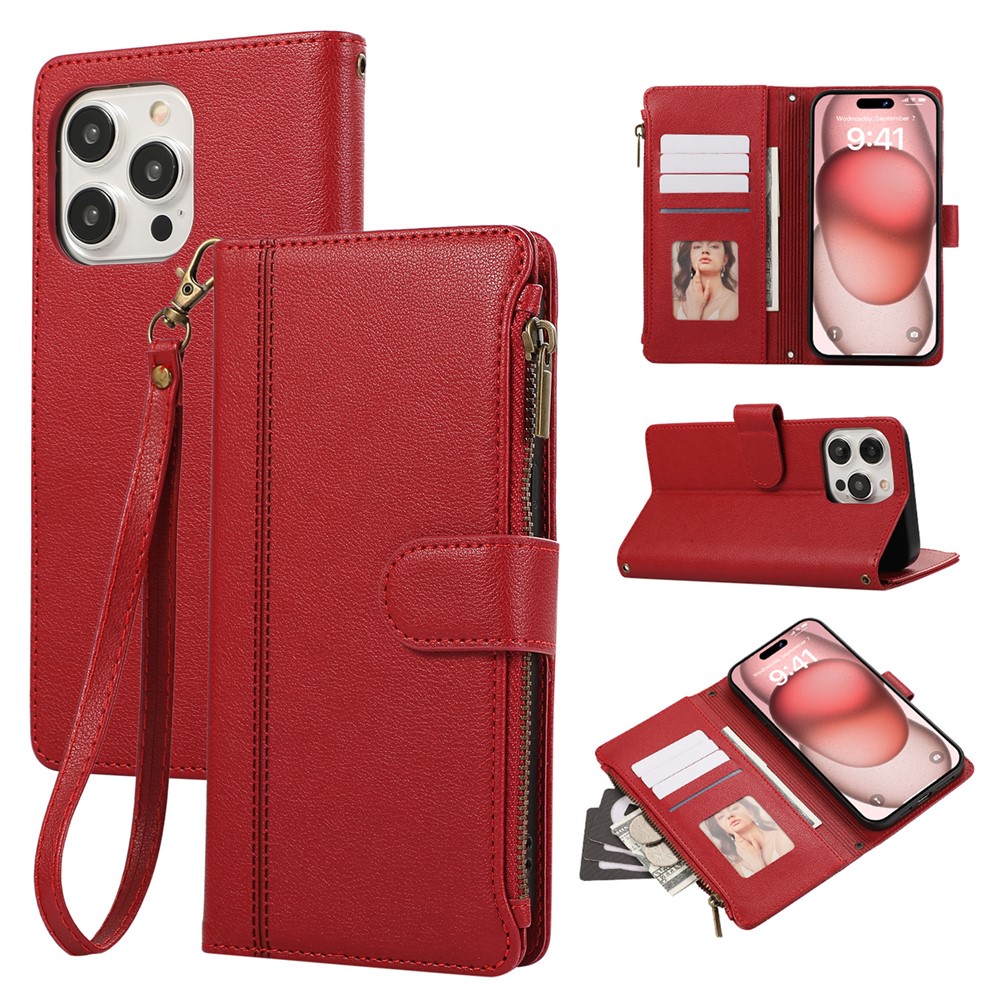 For iPhone 15 Pro Max Case Multi Card Slots Zipper Leather Phone Cover with Wrist Strap - Red