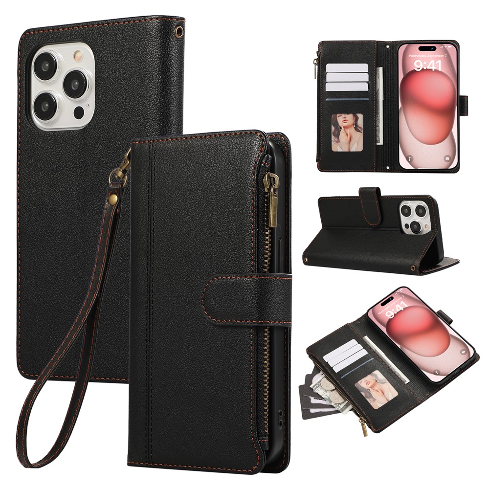 For iPhone 15 Pro Max Case Multi Card Slots Zipper Leather Phone Cover with Wrist Strap - Black