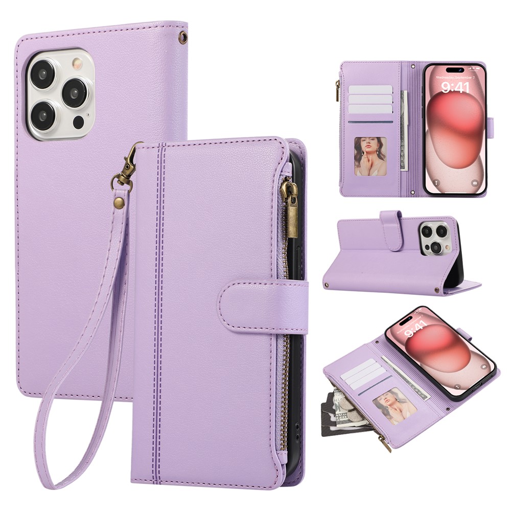For iPhone 15 Pro Max Case Multi Card Slots Zipper Leather Phone Cover with Wrist Strap - Purple