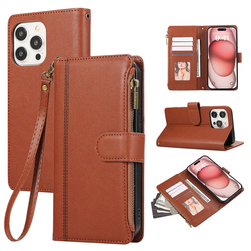 For iPhone 15 Pro Case Multi Card Slots Zipper Leather Phone Cover with Wrist Strap - Brown