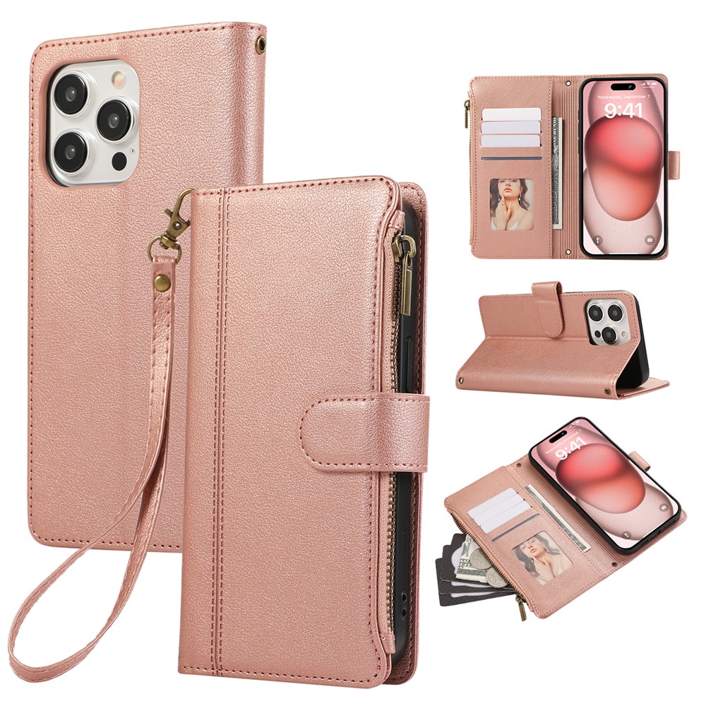 For iPhone 15 Pro Case Multi Card Slots Zipper Leather Phone Cover with Wrist Strap - Rose Gold