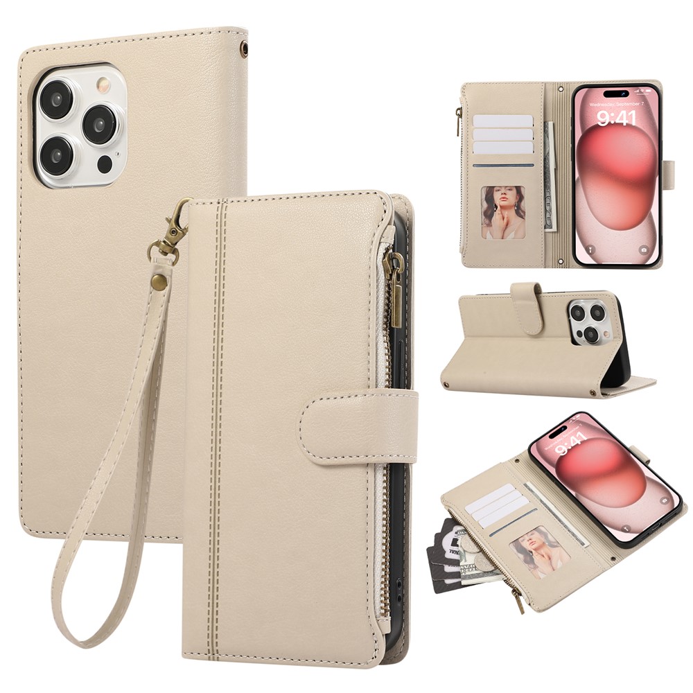 For iPhone 15 Pro Case Multi Card Slots Zipper Leather Phone Cover with Wrist Strap - Beige