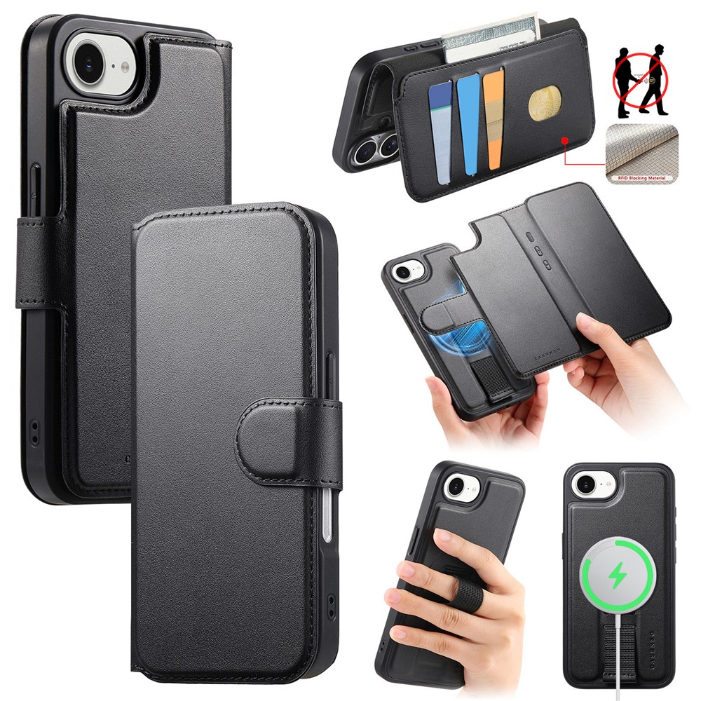 For iPhone 16e Magnetic Case CASENEO RFID Blocking Wallet Detachable Leather Phone Cover with Wristband - Black