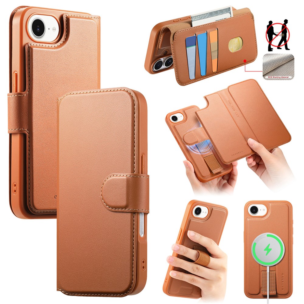 For iPhone 16e Magnetic Case CASENEO RFID Blocking Wallet Detachable Leather Phone Cover with Wristband - Brown
