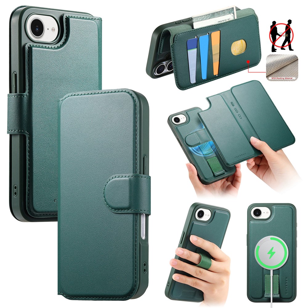 For iPhone 16e Magnetic Case CASENEO RFID Blocking Wallet Detachable Leather Phone Cover with Wristband - Green