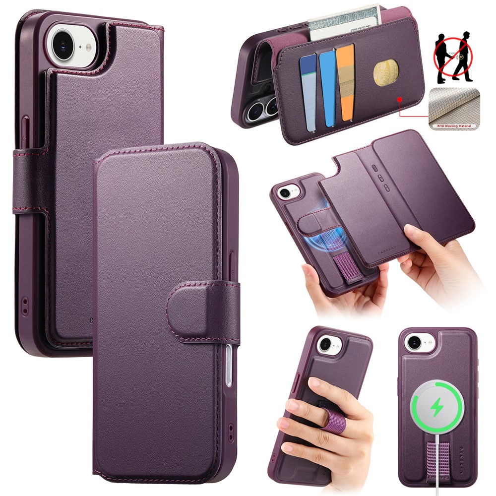 For iPhone 16e Magnetic Case CASENEO RFID Blocking Wallet Detachable Leather Phone Cover with Wristband - Purple
