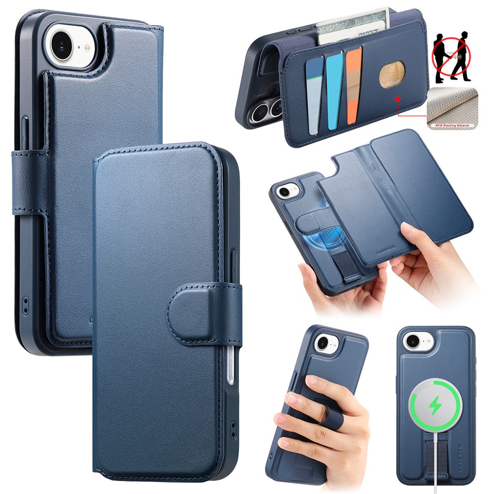 For iPhone 16e Magnetic Case CASENEO RFID Blocking Wallet Detachable Leather Phone Cover with Wristband - Blue